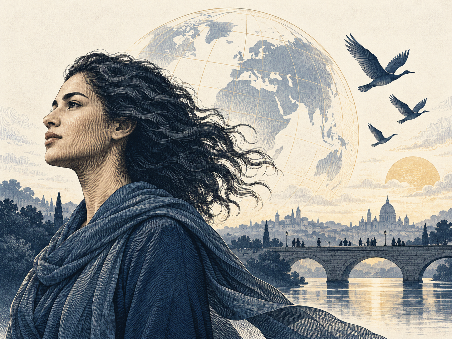 A woman looking toward a safer future beside a globe and river city